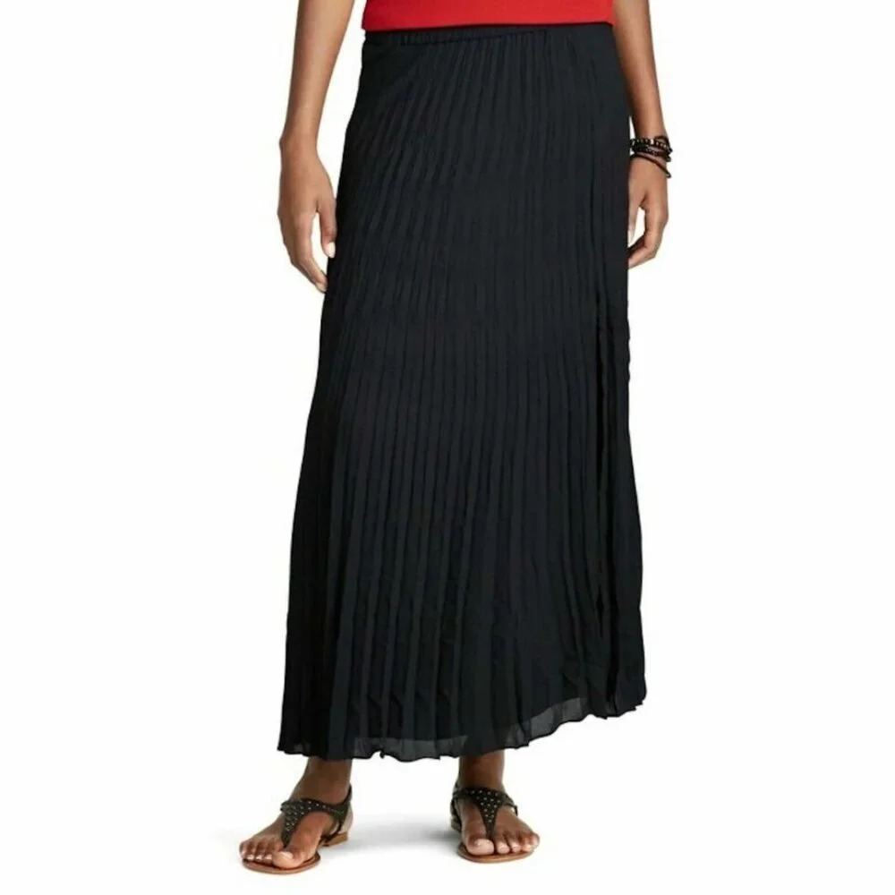Chaps Black Elastic Waist Front Slit Pleated Pull On Lined Maxi Skirt Size L